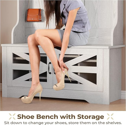 Itaar Hall Tree with Bench and Shoe Storage, 5-in-1 Entryway Bench with Coat Rack, 10 Shoe Cubbies & 9 Coat Hooks, Barn Door & Adjustable Shelf (Embossed White)
