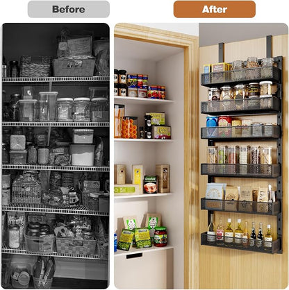 Pantry Door Organizers and Storage, 6-Tier Large Metal Heavy-Duty Frame Over the Door Spice Rack, 2 in 1 Wall-Mounted or Hanging shelf for Kitchen, Bathroom, Laundry Room, Bedroom, Closet &Nursery