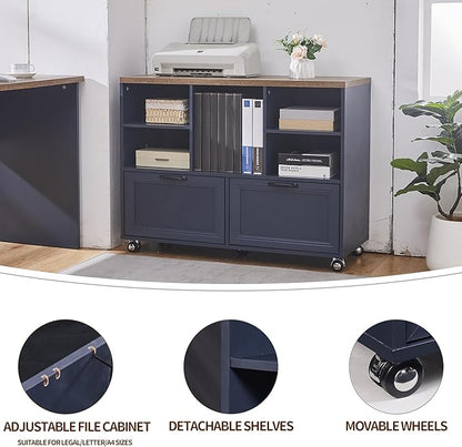 40" Farmhouse File Cabinet,Lateral File Cabinet with Wheels,Wood File Cabinet with shelve,Filing Cabinet with 2 Drawers for Legal/Letter/ A4 Size (Blue)
