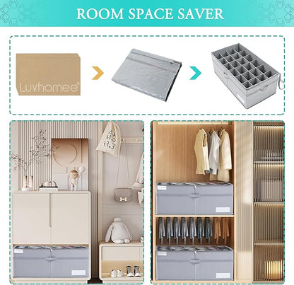 LUVHOMEE Shoe Organizer for Closet, Fits 24 Pairs, Large Shoe Box Storage Containers, Clear Foldable Shoe Storage Bins w/Bottom Support, Space Saving Closet Shoes Holder w/Reinforced Handles, Gray