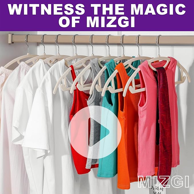 MIZGI Premium Velvet Hangers 50-Pack,No Shoulder Bump Hangers W/Tie Bar Ultra Thin Space Saving Non Slip Hanger Heavy Duty Felt Rounded Clothes Hanger for Sweaters,Coat,Jackets,Pants,Shirts