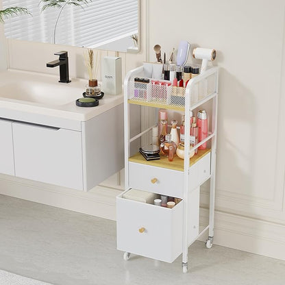 HapiRm Rolling Makeup Cart Organizer - Floor Skincare Make Up Storage with 2 Non-woven Fabric Drawers, Vanity Organizer Cosmetic Display Cases Holder for Skin Care Perfume Nail Polish Brush Hair Tool