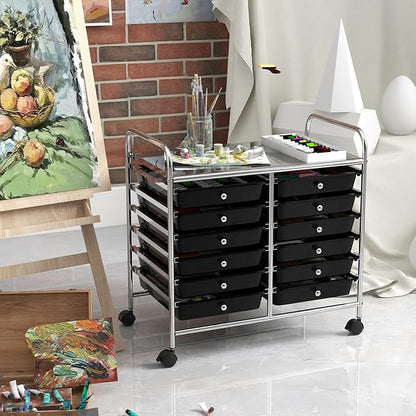GOFLAME 12-Drawer Rolling Storage Cart, Multifunctional Art Craft Organizer Cart, Mobile Utility Storage Cart with Removable Drawers & Lockable Wheels, Craft Cart for Home Office School, Black