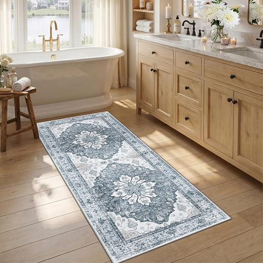 RELEANY Area Rugs Runner 2'6"x5' Washable Non-Slip, Floral Vintage Distress Medallion Carpet for Kitchen Hallway Bedroom Beside Laundry Room Bathroom, Light Gray Grey White