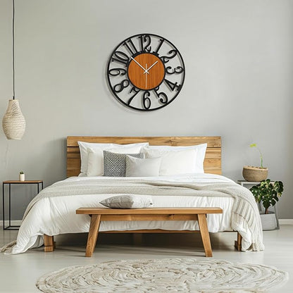 Maxstar Large Round Wall Clock for Living Room Decor Battery Operated Non Ticking Black Metal Wood Clocks for Home Living Room Garden Office Kitchen Decoration -24 inch