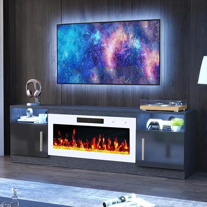 PRETZI Fireplace TV Stand with 36" Fireplace Up to 80" TVs,70" Entertainment Center with LED Lights,Remote Control,TV Media Console with Storage Cabinets for Living Room,White+Black