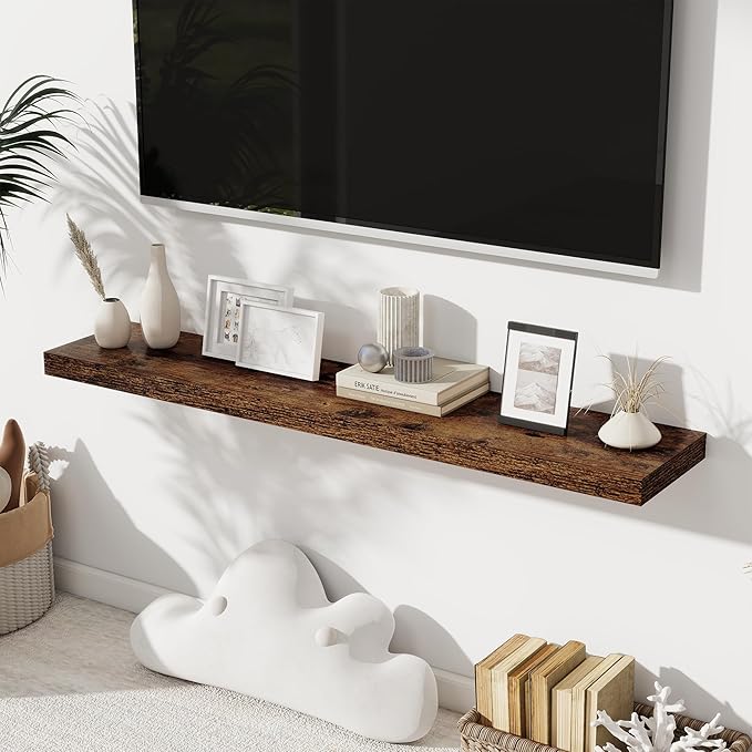 Fun Memories 48 Inch Floating Shelves for Wall 8 Inch Deep Rustic Brown Shelves Set of 2, Wall Mounted Rustic Wood Long Floating Shelf, Large Display & Storage Shelf with Invisible Brackets