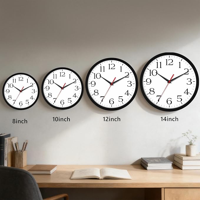DAXSMY 14 Inch Wall Clock - Battery Operated, Silent Non-Ticking Analog Sweep Movement - Easy to Read Numbers for Home, Office, Kitchen, Classroom (Black)