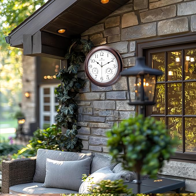 Lafocuse Outdoor Wall Clocks Waterproof with Thermometer for Patio, 12 Inch Hygrometer Wall Clock Silent Battery Operated for Kitchen Bathroom Garage