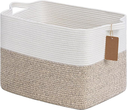 Goodpick Woven Storage Baskets for Organizing, Blanket Basket Living Room, Rope Baskets for Storage, Rectangle Toy Basket With Handles, Brown and White, 18 x 14 x 12 Inches