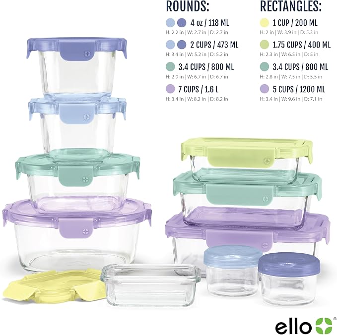 Ello Color Lock Glass Meal Prep Sets Leak-Proof Glass Food Storage Containers with Airtight BPA-Free Plastic Lids, Dishwasher, Microwave, and Freezer Safe