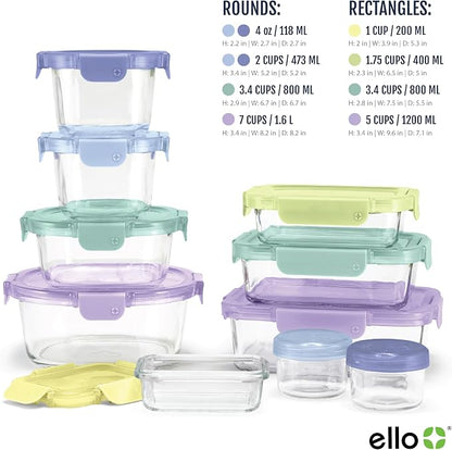 Ello Color Lock Glass Meal Prep Sets Leak-Proof Glass Food Storage Containers with Airtight BPA-Free Plastic Lids, Dishwasher, Microwave, and Freezer Safe