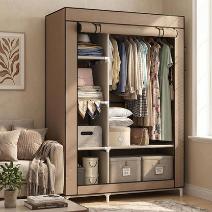 Calmootey Portable Closet Organizers, Clothing Storage, Wardrobe with 6 Shelves and Hanging Rod, Non-Woven Fabric Cover with 4 Side Pockets, Brown