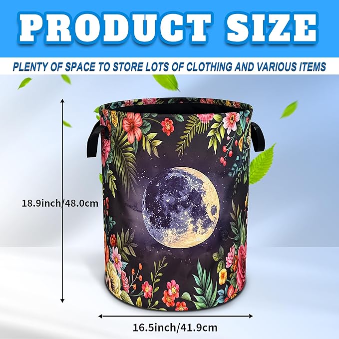 Moon Flowers Laundry Basket Beautiful Night Oxford Cloth Laundry Hamper With Handle Foldable Portable Clothes Storage Basket 18.9 X 16.5 Inch Storage Bag For Laundry Room/Bathroom/Bedroom/Dormitories