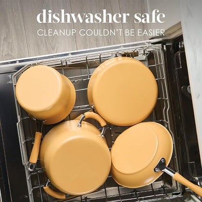Rachael Ray Cucina Ceramic Cookware Set - 13 Pieces - Ceramic Pots and Pans Set w/Nonstick Frying Pans, Saute Pan, Saucepans, Stockpot, Lids, Pan Protectors - Turmeric