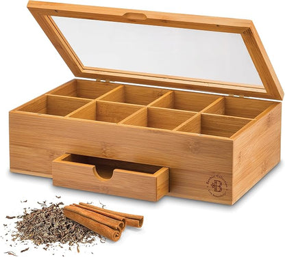 Bamboo Tea Bag Organizer Box - 8 Compartment Tea Storage Box with Acrylic Lid, Magnetic Closure and Drawer, Tea Bag Holder for Kitchen Counter, Tea Organizer, Tea Box, Gift for Mom Wife Tea Lovers