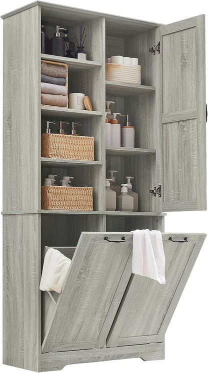Merax Cabinet with Tilt-Out Laundry Hamper Basket, Tall Bathroom Storage Organizer Linen with Open Shelf for Home, Freestanding, Oak