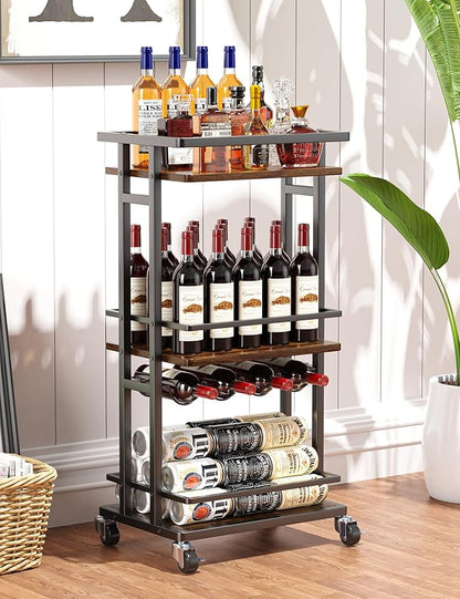 3-Tier Liquor Cabinet with Wine Rack, Mini Bar Cart for Home, Small Liquor Bar for Alcohol, Rolling Kitchen Serving Cart on Wheels, Wine Drink Cart for Party, Bar Stand for Small Space