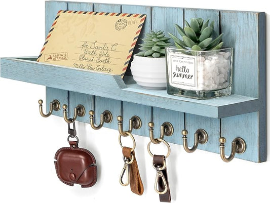 Rebee Vision Decorative Key Holder Wall Mount - Modern Farmhouse Key and Mail Holder for Wall with Shelf and 7 Key Hooks for Mail Organizer - Mid Century Aesthetic Room Decor (Distressed Blue,15-inch)