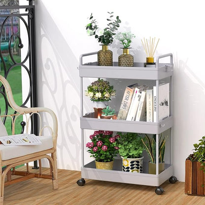 SOLEJAZZ 3 Tier Rolling Storage Cart with Wheels Slim Craft Nail Makeup Snack Art Baby Utility Cart Organizer on 2 Lockable Wheels for Bathroom Laundry Room Kitchen Bedside Narrow Spaces, Gray