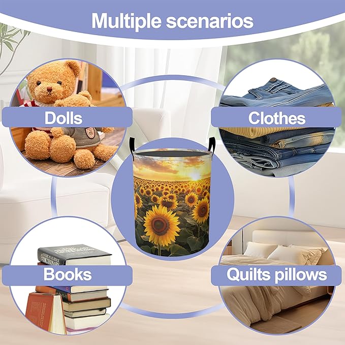 Laundry Basket,Sunset Sunflowers Large Canvas Fabric Lightweight Storage Hamper Organizer Dirty Clothes Collapsible Waterproof for College Dorms,Bathroom