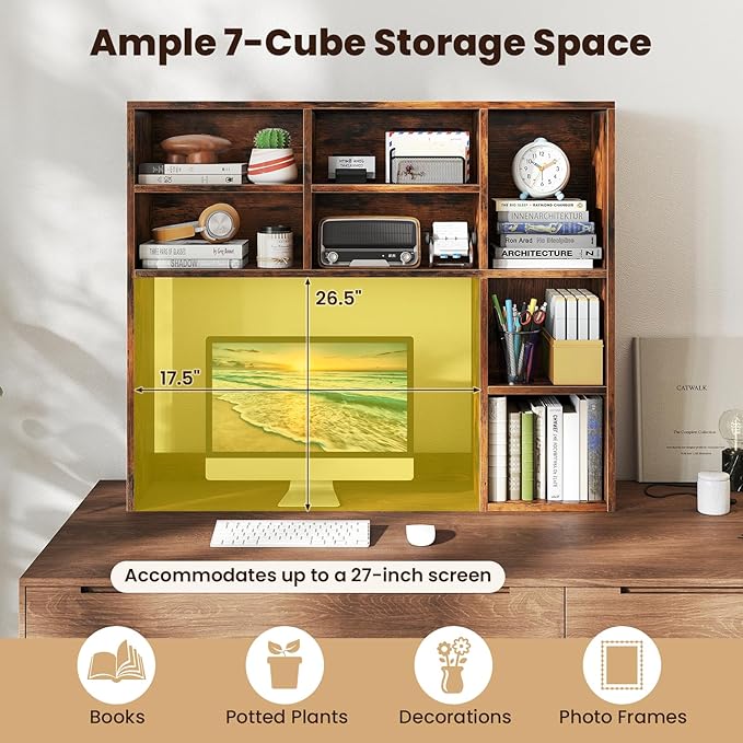 Desk Hutch, Desktop Shelf with 7 Shelves, Desk Bookshelf w/Anti-Toppling Devices, Wood Table Top Bookshelf Organizer, Small Desk Shelf for Study, Office, Dorm (Rustic Brown, 7 Shelves)