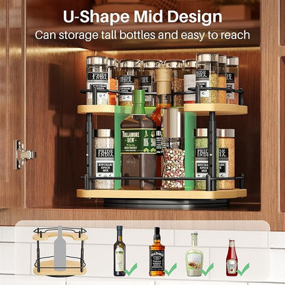 Lazy Susan Organizer Spice Rack - Spice Organization for Cabinet Height Adjustable Rotating Lazy Turntable, Pantry Kitchen Wood Revolving Seasoning Organizer (Natural, 12 Inch)