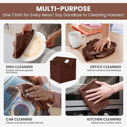 SIFANGKE Microfiber Cleaning Cloth, 12 Pack Brown Cleaning Rags for Housekeeping, Reusable Microfiber Towels for Car, Kitchen, Bathroom and Household Cleaning Supplies, 11.8"X11.8"