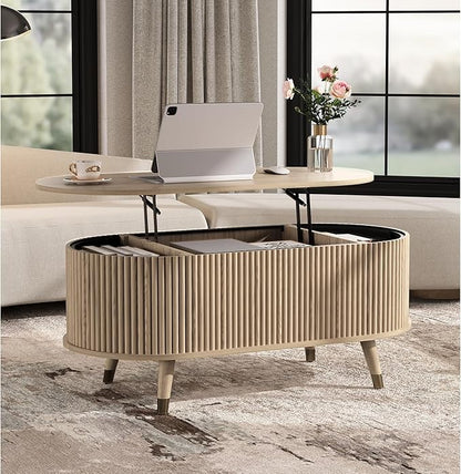 42.5" Oval Lift Top Coffee Table with Storage, Mid Century Modern Oak Center Table with Fluted Panel, Solid Wood Legs & Hidden Compartment for Living Room