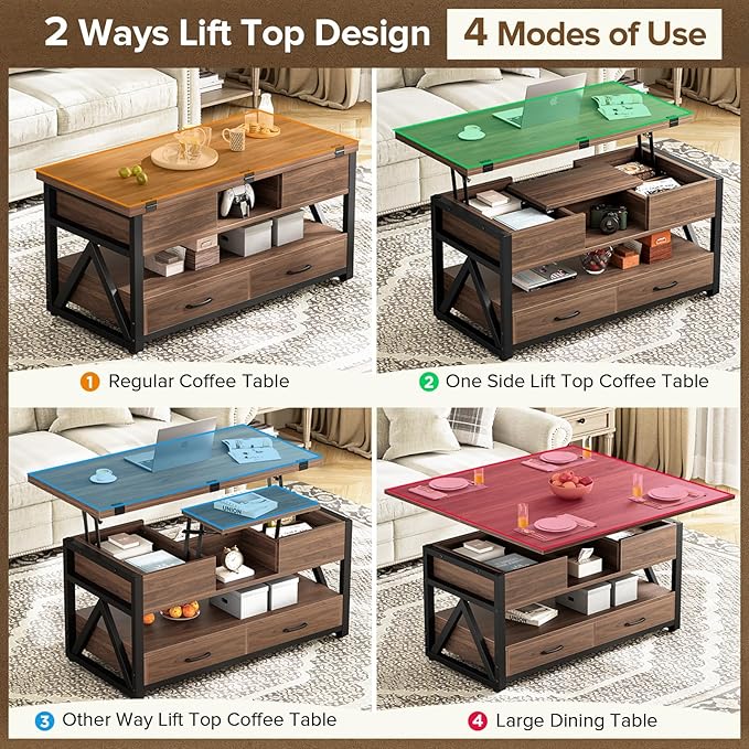 Memobarco 40" Lift Top Coffee Table,4 in 1 Multi-Function Lift Coffee Tables with Storage Drawers and Hidden Compartmen,Farmhouse Coffee Table with Lifting top for Living Room, Walnut