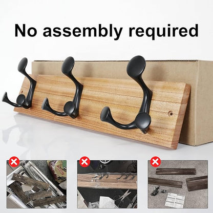 SKOLOO 17-Inch Wood Coat Rack Wall Mount with 3 Triple Hooks - Ideal for Family Entrances, Classrooms, and Pet Supplies Storage - Perfect Coat Hooks for Wall, Black on Natural