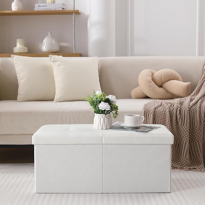 CUYOCA Storage Ottoman Bench Foldable Seat Footrest Shoe Bench End of Bed Storage with Flipping Lid, 75L Storage Space, 30 inches Linen Fabric White, OT026WS