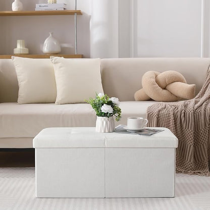 CUYOCA Storage Ottoman Bench Foldable Seat Footrest Shoe Bench End of Bed Storage with Flipping Lid, 75L Storage Space, 30 inches Linen Fabric White, OT026WS