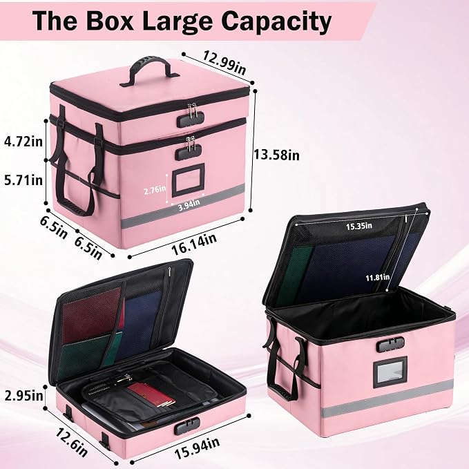 EXLIFBAG 2 Layer File Box with Lock, Portable Document Organizer Box with Handle, Fireproof File Box for Home Office, Legal File Organizer Storage