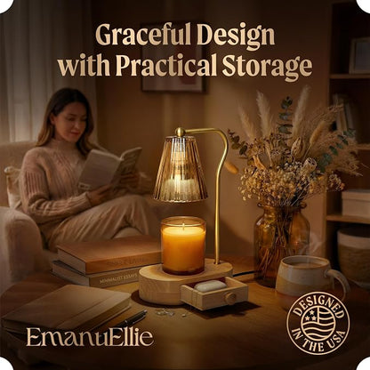Candle Warmer Lamp with Timer & Dimmer, Natural Wooden Base with Drawer, Gold-Tone Metal Stand, Extra Bulb Included, Candle Warming Lamp, Electric Candle Wax Warmer