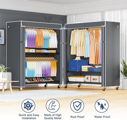 ULIFHOME P8C Max Heavy Duty Clothes Rack（With Extended Width Design） Rolling Clothing Racks for Hanging Clothes with Lockable Wheels，51.2" W x 15.8" D x 80.5" H，Load 800LBS，Black Rack with Grey Cover