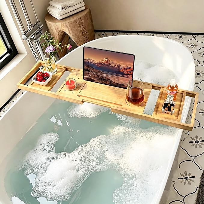 Utoplike Bamboo Bathtub Tray Caddy for Tub, Adjustable Bath Tray Bathroom Organizer with Book Tablet Wine Glass Cup and 2 Sliding Towel Holder