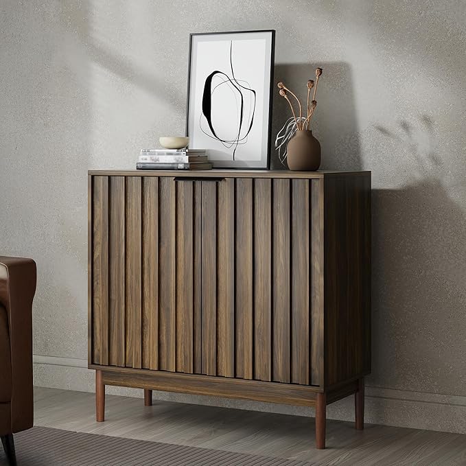 Fluted Cabinet with Storage, Buffet Cabinet Sideborad with 2 Doors, Brown Buffet Storage Accent Cabinets with Adjustable Shelves for Living Room, Entry, Hallway, Kitchen