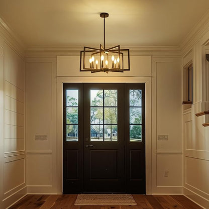 8-Light Modern Farmhouse Black Geometric Chandelier, Adjustable Height Dining Room Light Fixtures Over Table, Large Industrial Metal Chandeliers for Dining Room Kitchen Island Entryway