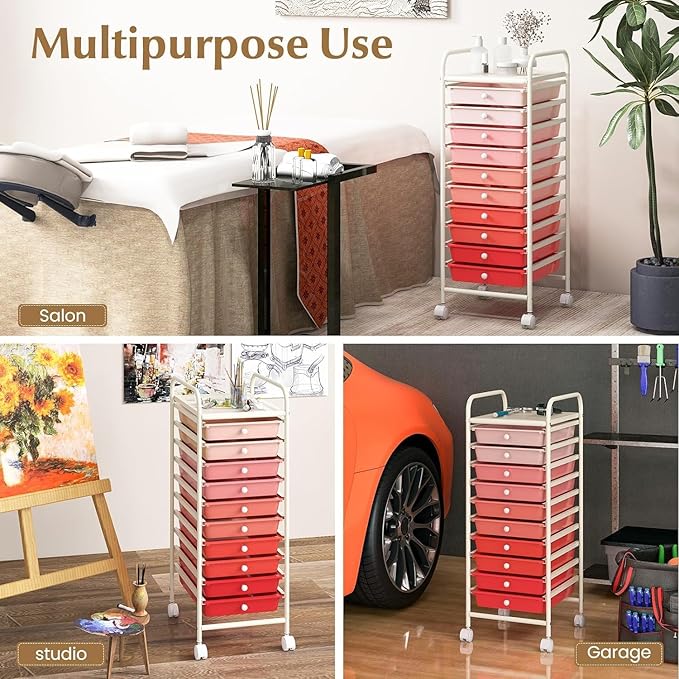 OFFICEJOY Storage Cart, Rolling Utility Cart with 10 Drawers, Portable Handles & Lockable Wheels, Mobile Paper Toys Storage Organizer Large Capacity for Home Office School Teacher (Gradient Pink)