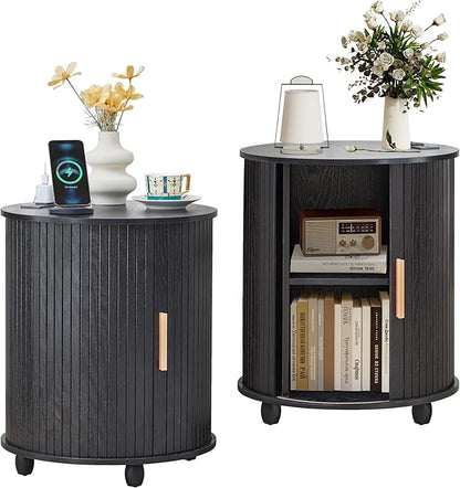 Set of 2 Fluted Round End Table with Charging Station, Small Farmhouse Sofa Side Table with Sliding Tambour Door & Storage, Mid-Century Wood Fulted Nightstands for Living Room, Bedroom (Black)