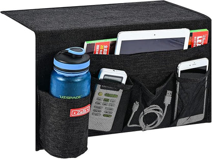 Zafit Linen 5 Pockets Bedside Caddy, Bedside Storage Organizer with Water Bottle Holder for Magazine, Remotes, Phone (Black)