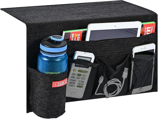 Zafit Linen 5 Pockets Bedside Caddy, Bedside Storage Organizer with Water Bottle Holder for Magazine, Remotes, Phone (Black)