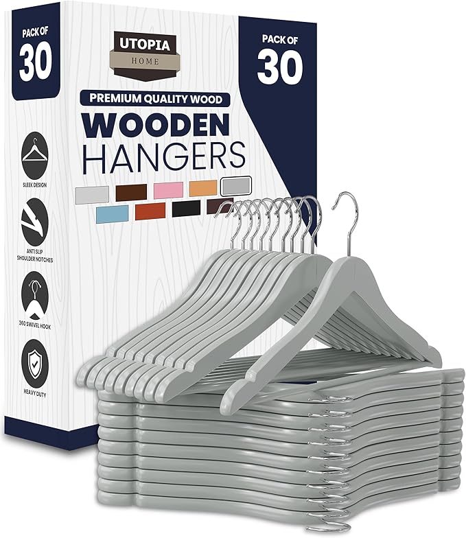 Utopia Home Premium Wooden Hangers 30 Pack - Durable & Slim Coat Hanger - Suit Hanger with 360-Degree Rotatable Hook - Wood Hangers with Shoulder Grooves (Grey Color)