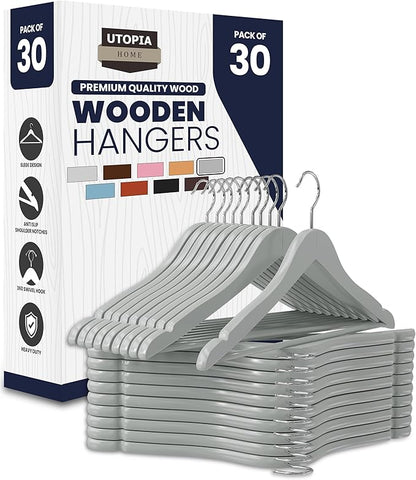 Utopia Home Premium Wooden Hangers 30 Pack - Durable & Slim Coat Hanger - Suit Hanger with 360-Degree Rotatable Hook - Wood Hangers with Shoulder Grooves (Grey Color)