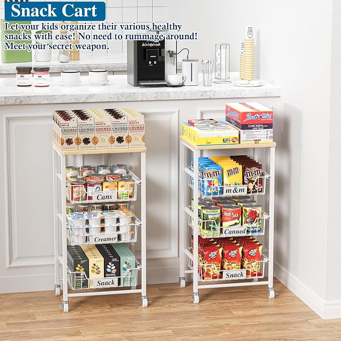 OKZEST 4-Tier Kitchen Storage Cart on Wheels – Mobile Fruit Basket Stand with Drawers & Wooden Top, Small Rolling Pantry Shelf for Potatoes, Onions, Bottled Drinks, Cans, Snacks – Includes 3 PE Liners
