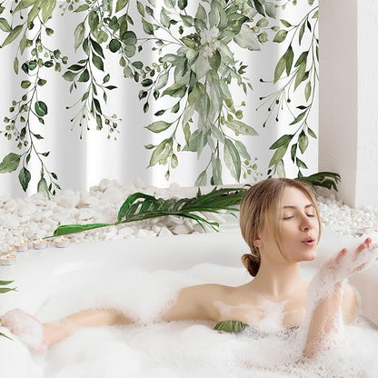Gibelle Long Shower Curtain 72 x 78, Tall Olive Green Floral Shower Curtain for Bathroom, Watercolor Plant Eucalyptus Leaves Fabric Shower Curtain Set