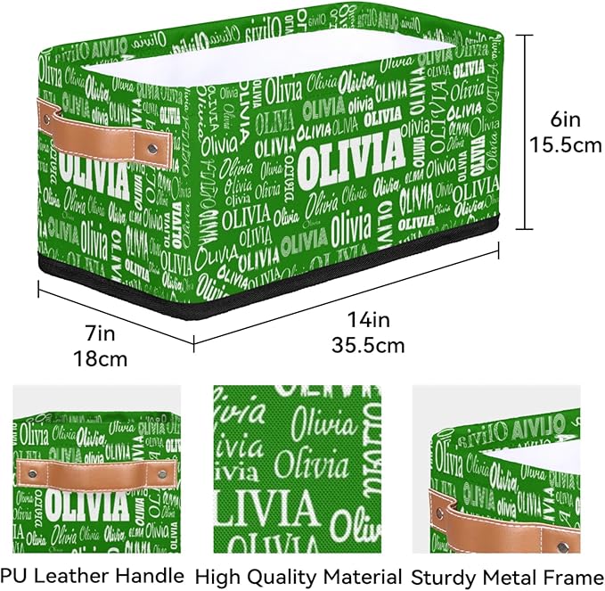 Custom Narrow Storage Basket Name, Personalized Organizer Bin for Toys, Books, Clothes, Organizing Small Storage Basket for Bedroom Nursery Livingroom Entryway. Forest Green