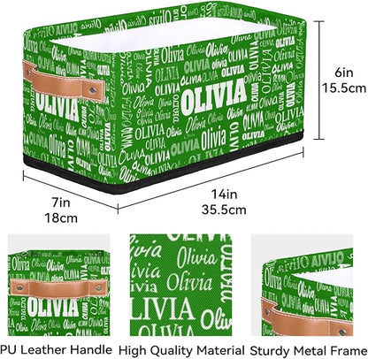 Custom Narrow Storage Basket Name, Personalized Organizer Bin for Toys, Books, Clothes, Organizing Small Storage Basket for Bedroom Nursery Livingroom Entryway. Forest Green