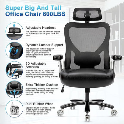 Big and Tall Office Chair 700lbs- Heavy Duty Executive Computer Chair with Rubber Wheels 3D Flip Arms, Ergonomic Mesh High Back Desk Chair, Extra Wide Seat Adjustable Lumbar Support & Headrest